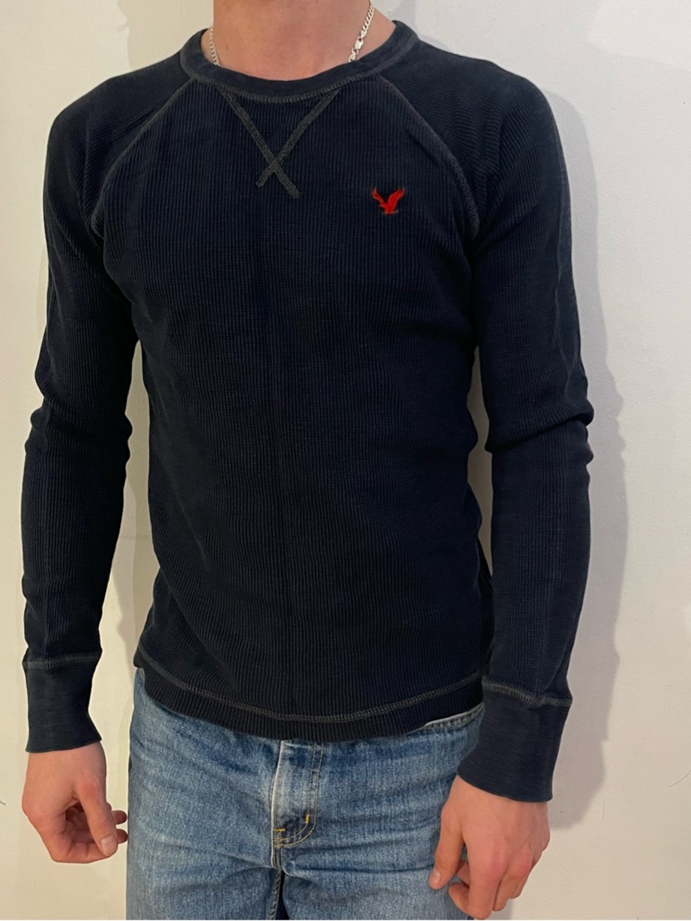 American Eagle Outfitters Navy Waffle-Knit Long Sleeve with Red Accent